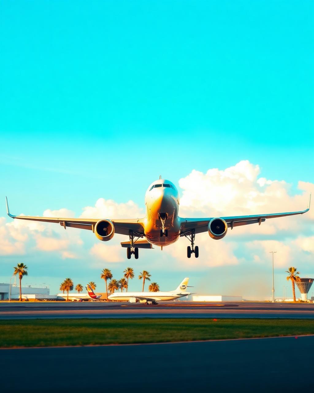 Airplane taking off over a sunny coastal scene