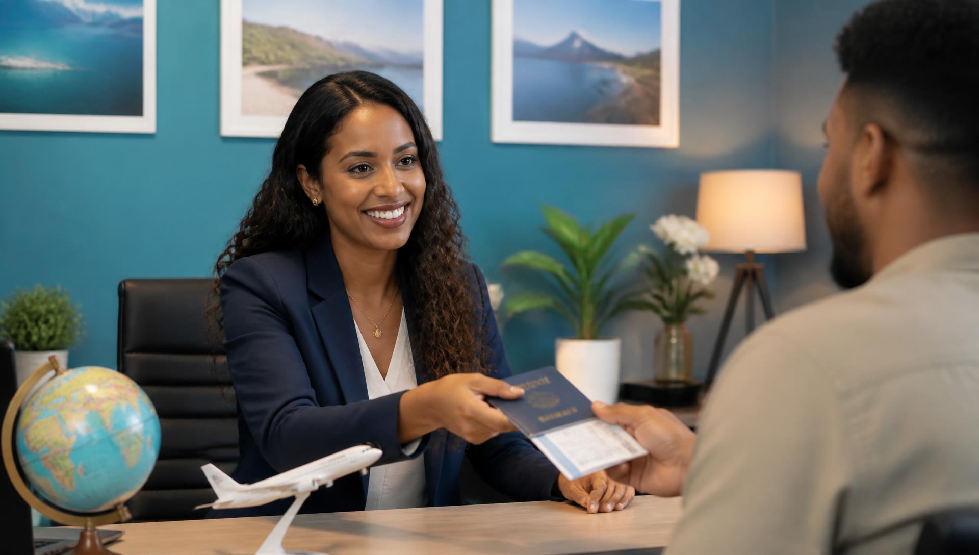 Eritrean travel consultant handing flight tickets and an itinerary to a client in Asmara